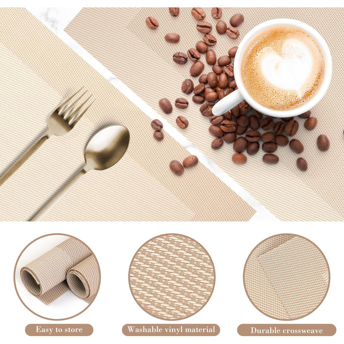 Ткані серветки Набір з 8 вінілових термостійких серветок, які можна мити 45 см * 30 см, бежевий Набір з 8 серветок бежевий