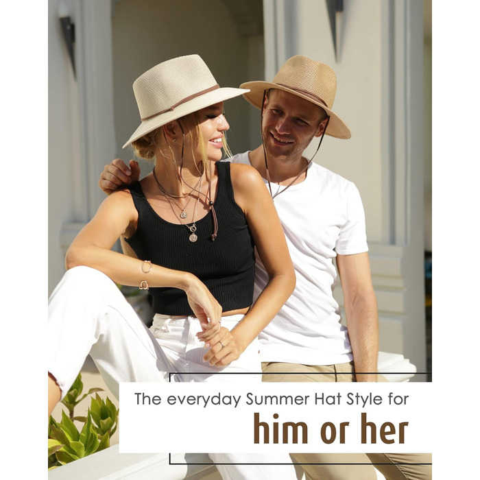 Унісекс Панама Капелюх Широкий козирок Літній капелюх Захист від УФ-випромінювання Сонячний капелюх з ремінцем підборіддя Пляжний капелюх для чоловіків та жінок Регульований солом&39яний капелюх ML Хакі