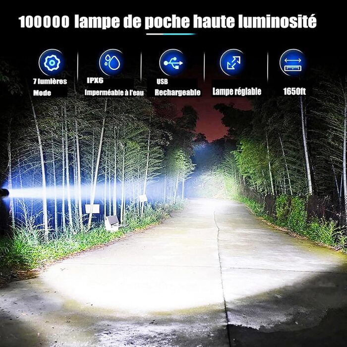 Акумуляторний світлодіодний ліхтарик, 1000000 люмен, надзвичайно яскравий тактичний ліхтарик із можливістю масштабування, 7 режимами освітлення та тривалим часом роботи від батареї, водонепроникний ручний ліхтарик для кемпінгу, походів, риболовлі, активно