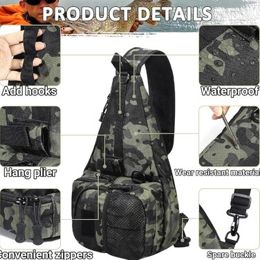 Рибальська сумка Alwida, рибальський рюкзак Водонепроникна сумка для зберігання через плече, тримач для снастей, регульований рюкзак для риболовлі на ремні з тримачем для вудки для камуфляжу для подорожей і походів