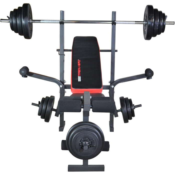 Багатофункціональна складна лава TrainHard з кріпленнями для згинання ніг та &quotметеликом&quot, протестована та сертифікована відповідно до EN957 / додатково комплект штанги, що складається зі штанги та гантелей, лава штанга та гантелі 50 кг