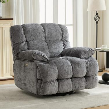 Крісло-гойдалка з функцією відкидання та гойдання, надзвичайно велике електричне крісло для телевізора, надзвичайно широке поворотне крісло-гойдалка, електрично регульований кут нахилу 90-140, порти USB та Type-C, сірий