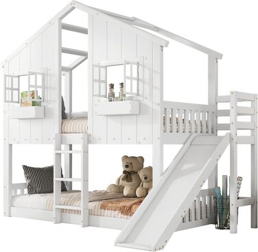 Дитяче двоярусне ліжко 90x200, ліжко-горище, ліжко-будиночок з гіркою, драбиною, вікнами, дахом та ящиком для зберігання, двоярусне ліжко, дерев&39яне ліжко, дитяче ліжко з рейковою основою та поручнями, сосна, без матраца, білий колір