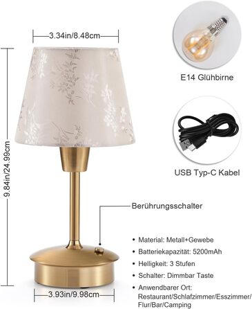 Маленькі бездротові настільні лампи для обідніх столів, вбудований акумулятор 5200 мАг, портативна сенсорна лампа з регульованою яскравістю для ресторану, вітальні, спальні, бару, їдальні, настільна лампа, нічник, шампанське, 2 шт., 2