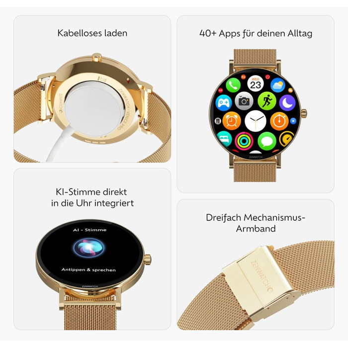 Розумний годинник Zenwatch Venice Pro 2.0 Gold з Bluetooth-телефонією 1,32-дюймовий AMOLED 466x466, 123 спортивні режими, серцевий ритм, артеріальний тиск та SpO2, водонепроникність IP68, акумулятор 200 мАг, сумісний з Android та iOS