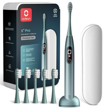 Подарунковий набір Oclean Electric Toothbrush X Series Pro, звукова зубна щітка з екраном, 3 режими та 32 інтенсивності, звукова електрична зубна щітка з таймером, 6 насадок для щітки з дорожнім футляром, зелений