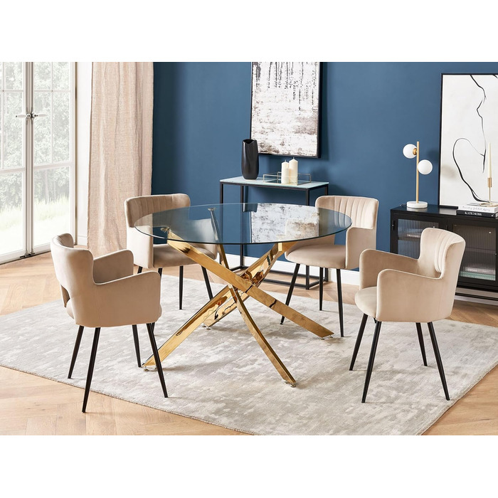 Обідній стіл Beliani, безпечне скло, прозорий, 120 см, круглий з металевим каркасом, золотий Maramo