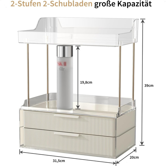 Організатор косметики для макіяжу з 2 ящиками, багатофункціональне зберігання косметики на 3 рівнях, органайзер для косметики, органайзер для догляду за шкірою для туалетного столика у ванній кімнаті, спальні (кремово-білий)