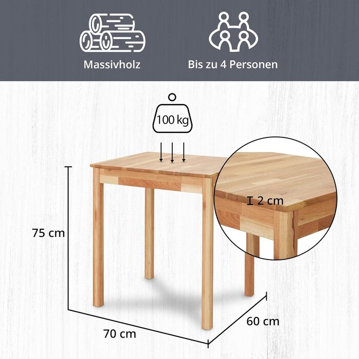 Обідній стіл KHG з масиву дуба 70x60 см - сільський стиль, прямий край, для 2-4 осіб, позачасовий дерев&39яний стіл, компактний, висота 75 см - маленький та міцний кухонний стіл 70 x 60 см, дуб
