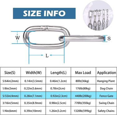 Подовжувач ланцюга Hannger з нержавіючої сталі - 5 м 3 мм Металеві підвісні котушки безпеки Міцний ланцюг до 80 кг Завантажуваний для тіньових вітрил Прикраса огорожі Намисто для собак Орнамент ліхтаря Повітряна йога (1,2 метра, Ø 4 мм)