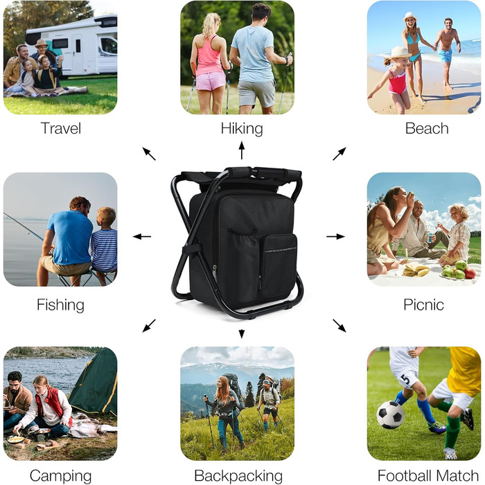 Компактний кемпінговий стілець зі знімною сумкою-холодильником об&39ємом 15 л, легке сидіння-рюкзак зі складною рамою, міцний складаний стілець для риболовлі, пікніків, трекінгу, полювання, походів, чорний