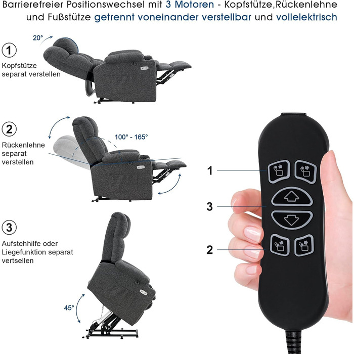 Крісло-реклайнер для телевізора M MCombo з електричним підйомником, 3 двигуни, окремо регульована спинка та підставка для ніг, крісло-реклайнер з функцією горизонтального положення до 165, регульований підголівник, 7546 (тканина, сірий)