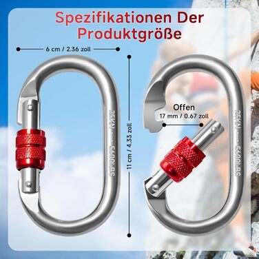 Карабіни-гачки 25KN, O-подібні надміцні запобіжні карабіни, нержавіюча сталь, вантажопідйомність 2500 кг, карабін для скелелазіння, йоги, гамака, кемпінгу, гойдалки, 25KN, 3 шт., срібний червоний