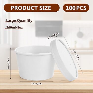 Паперових контейнерів для супу з кришками, набір картонних мисок для супу об&39ємом 240 мл, багаторазові стаканчики для салату, морозива, супу, кави (білі), 100