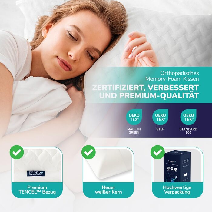 Ортопедична подушка для шиї ZenPur 40x60-13 см Подушка для голови з піни з ефектом пам&39яті - ергономічна подушка для сну для шиї та плечей, сертифікована Oeko-TEX, бежева 40 x 60 x 13 см