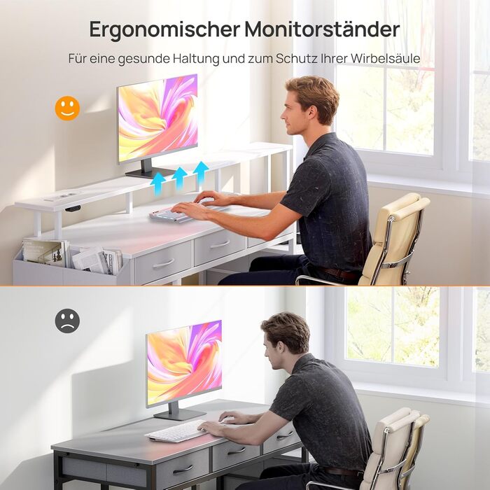 Письмовий стіл Rolanstar з розеткою, комп&39ютерний стіл з 5 шухлядами, світлодіодним освітленням, сумкою для зберігання та підставкою для монітора, сучасний кутовий стіл для домашнього офісу та ігор (білий)