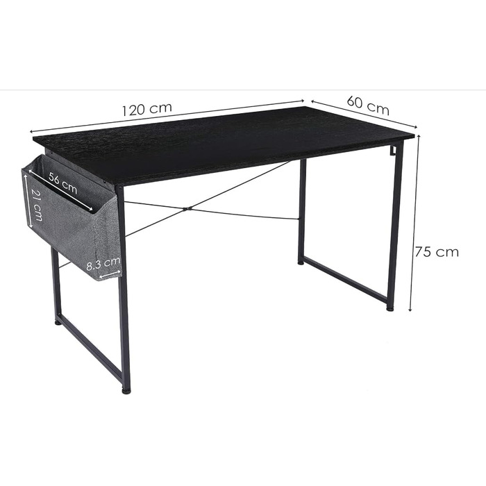 Письмовий стіл, комп&39ютерний стіл з тримачем для навушників та сумкою для зберігання, міцний робочий стіл, промисловий дизайн, ПК-стіл, невеликий офісний стіл для дому, офісу (Чорний, 120 x 60 x 75 см) Чорний 120 x 60 x 75 см
