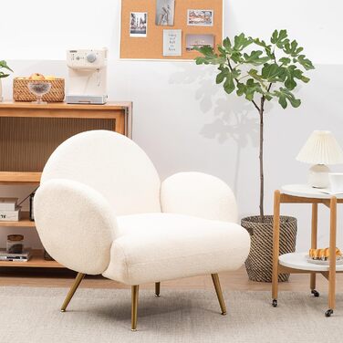 Сучасне крісло для відпочинку, одномісний диван, диван для відпочинку, затишна плюшева тканина, золотисті металеві ніжки, підходить для вітальні, спальні, білий, біло-золоті підлокітники