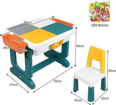 Дитячий настільний ігровий стіл AufuN 5-в-1 з регульованою висотою та стільцями, ігровий стіл, великий багатофункціональний набір будівельних блоків, пісочниця з місцем для зберігання, 2 стільці, подарунок для хлопчиків та дівчаток 63 x 47 x 56 см