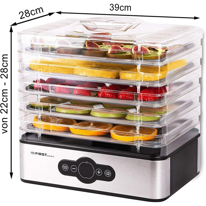 Дегідратор TZS First Austria Дегідратор для фруктів, трав, грибів і м'яса цифровий з таймером і регулятором температури 35-70C 5 полиць, полиці з нержавіючої сталі, дегідратор з таймером Полиці з нержавіючої сталі 5 поверхів