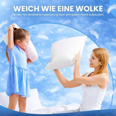 Пухові подушки 80x80 см (комплект з 2 шт.) - Подушки зі 100 пір&39яним наповнювачем та бавовняним чохлом, сертифіковані Oeko-Tex та виготовлені в Німеччині, ідеально підходять для алергіків та дітей, наповнювач 1200 г, комплект з 2 шт., 80 x 80 см