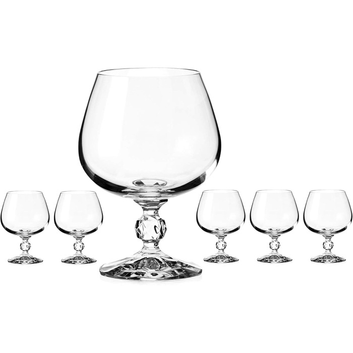 Кришталеві чарки для коньяку або бренді Claudia, вінтажний стиль, куляста ніжка, безсвинцевий кришталь, 6 шт.