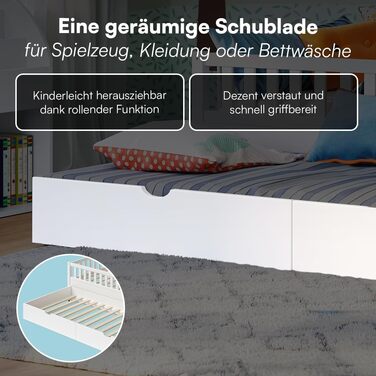 Дитяче ліжко Bellabino Vils 90x200 см Ліжко для малюків, що розкладається до 90x190 см, із захистом від падіння та рейковою основою Дитяче ліжко Монтессорі з масиву сосни білого кольору для хлопчиків та дівчаток. Біле з гостьовим ліжком (матрац не входить