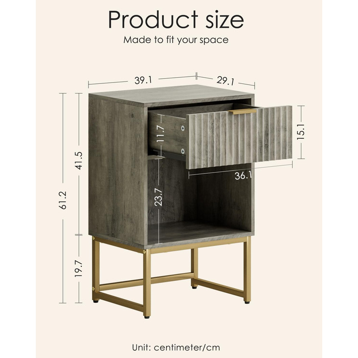 Тумбочка з шухлядою, бічний столик шириною 40 см з великим відділенням, сучасна тумбочка для спальні, вітальні або офісу (40 x 30 x 60 см, сіре заливне покриття) 40 x 30 x 60 см Сіре заливне покриття