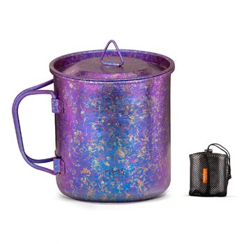 Титанова чашка TiTo, кемпінговий чайник, кава, кухоль для води, надлегкий портативний посуд 450 мл, складна ручка, титановий горщик з кришкою для відпочинку на природі, походів, пікніка, напоїв, відкритий фіолетовий