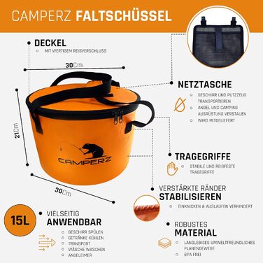 Складане відро, складна чаша для риболовлі, садівництва - складне відро для води, рибальське відро з кришкою та блискавкою (помаранчеве)