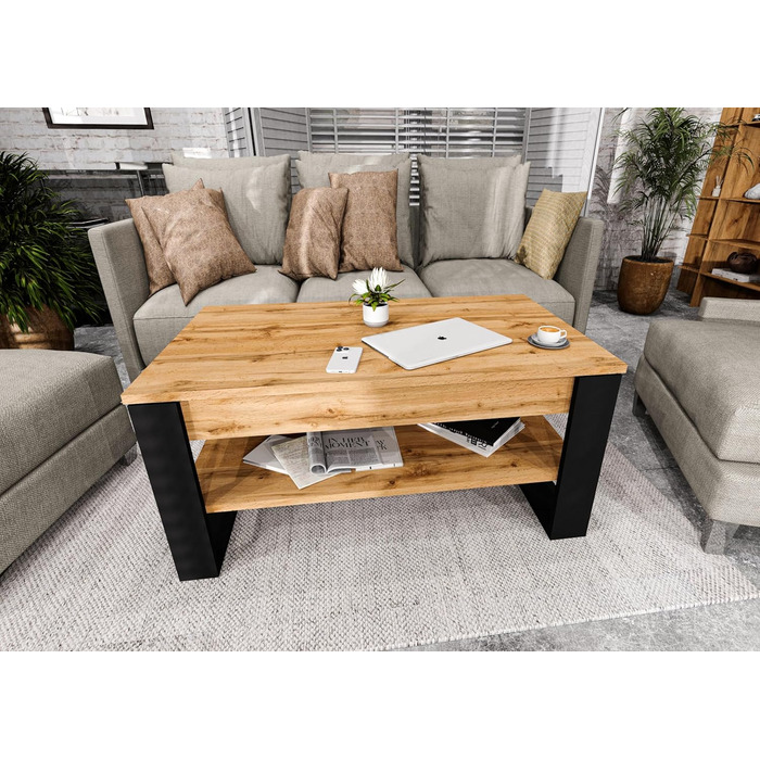 Журнальний столик з підйомною стільницею Стіл для вітальні з регульованою висотою та місцем для зберігання Сучасний чорний дубовий диванний столик Wotan з полицею та прихованим відділенням Журнальний столик для вітальні та офісу, чорний