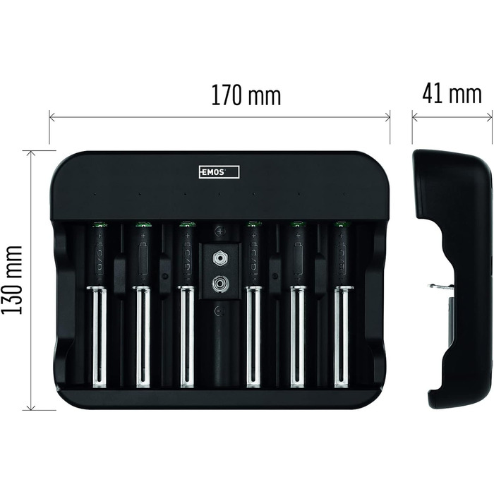 Універсальний зарядний пристрій EMOS для NiMH та NiCd акумуляторів, швидкий зарядний пристрій 500 мА, для 1-6 акумуляторних батарей AAA, AA, C, D, 9V, включаючи кабель USB-C, світлодіодний індикатор, захист батареї, функції безпеки