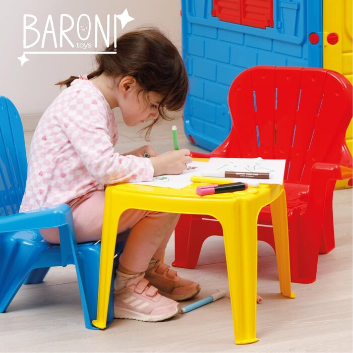 Дитячий комплект столу та 2 стільців з пластику, дитяча група сидінь з 3 предметів, легко миється та не потребує складання, підходить для використання в приміщенні та на вулиці, світло-блакитний, жовтий та червоний