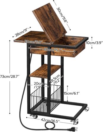 Журнальний столик HOOBRO із зарядною станцією, відкидний С-подібний диван-столик, журнальний столик на колесах та полиця для зберігання, тумбочка для вітальні, спальні, темно-коричневий EBF022SF01G1