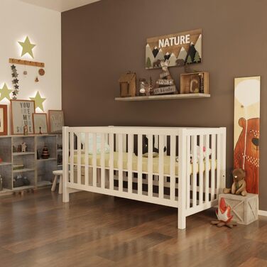 Дитяче ліжко з масиву дерева/для малюків, дитяче ліжко з масиву дерева для хлопчиків та дівчаток, з високоякісною рейковою основою, регульована висота зі знімними рейками, 70x140 см (біле (лаковане), 140 x 70 см) Біле (лаковане) 140 x 70 см, 27