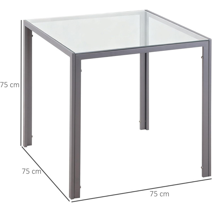 Обідній стіл HOMCOM 75 x 75 см, квадратний кухонний стіл для 4 осіб, обідній стіл із загартованого скла з металевими ніжками, сучасний стіл для кухні, їдальні та вітальні, сірий 75Д x 75Ш x 75В см