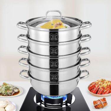 Пароварка 30 см, 5-ти ярусна пароварка з нержавіючої сталі зі скляною кришкою Індукційна каструля Пароварка підходить для всіх тип