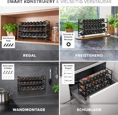 Набір чорних підставок для спецій Окремостоячий або настінний 24 банки для спецій 336 етикеток для спецій Сучасний дизайн Безпечний для харчових продуктів та придатний для миття в посудомийній машині