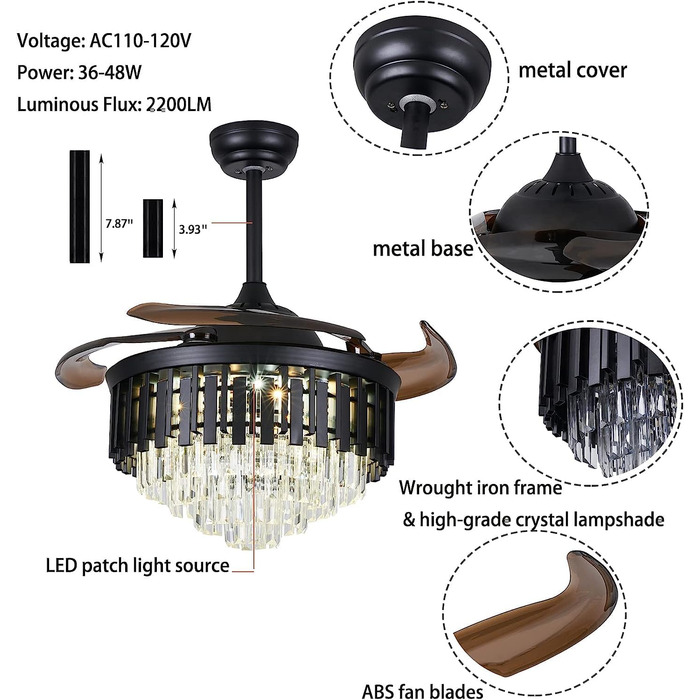 Тиха лампа вентилятора Розкішний кришталевий стельовий вентилятор зі світлом Висувні лопаті люстра вентилятор лампа з пультом дист