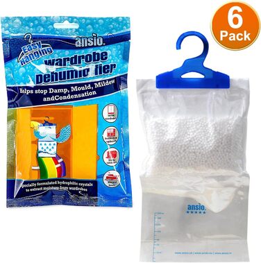 Осушувач повітря для гардеробу ANSIO, підвісні сумки, 6 шт. , пастка, осушувач конденсату для вологи, цвілі, спальні, каравана, ванної кімнати, підвалу, офісу 210 г кожен, упаковка з 6 шт.