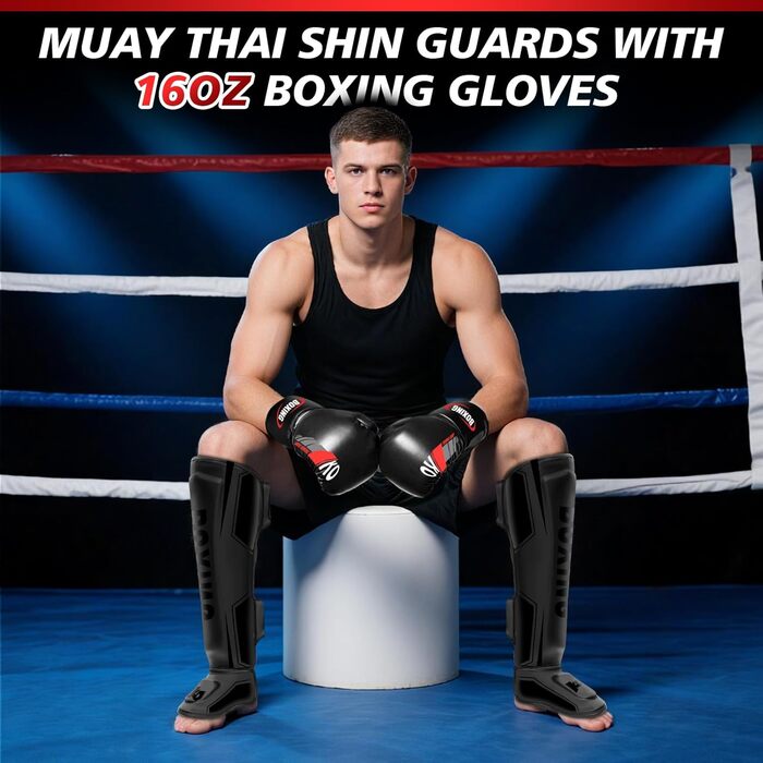 Щитки для гомілок NZQXJXZ для кікбоксингу з боксерськими рукавичками 16 унцій, щитки для гомілок муай-тай, регульовані захисні накладки на ноги із захистом підйому стопи, обладнання для тренувань з бойових мистецтв, ММА та спарингу