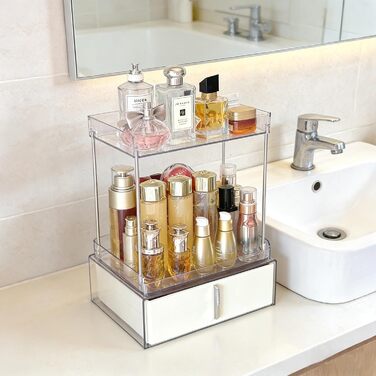 Рівневий органайзер для макіяжу Kousee з шухлядою зберігання косметики, великий органайзер для туалетного столика, місце для зберігання у ванній кімнаті з протиковзким дизайном (кремовий), 3-