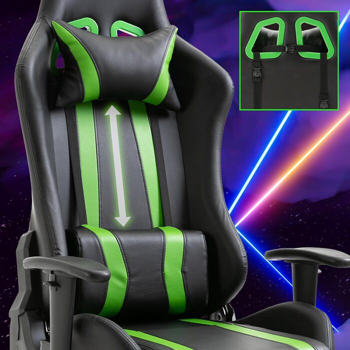 Ігрове крісло SVITA Gamyx, офісне крісло, стілець для столу, ігрове крісло, ергономічне поворотне крісло з підголівником, підставкою для ніг, підставка для ніг, зелене