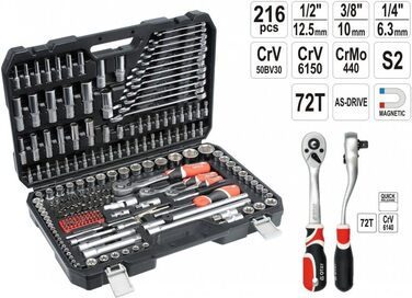 Набір інструментів YATO 216 шт. торцевих ключів з храповиком 1/4 1/2 3/8 з довгими торцевими головками