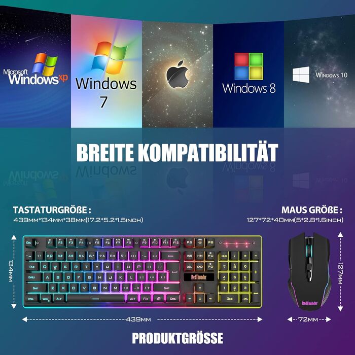Набір бездротових ігрових клавіатури та миші RedThunder K10, розкладка QWERTZ DE, ємність акумулятора 3000 мА та 3200 DPI для геймерів (чорний)