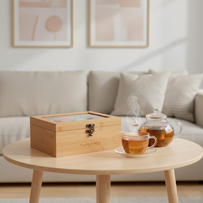 Чайна коробка, бамбук, 6 відділень, чайна скринька з оглядовим віконцем, органайзер для чайних пакетиків, ВxШxГ приблизно 22 x 16 x 9 см, натуральний колір, (1-221609)