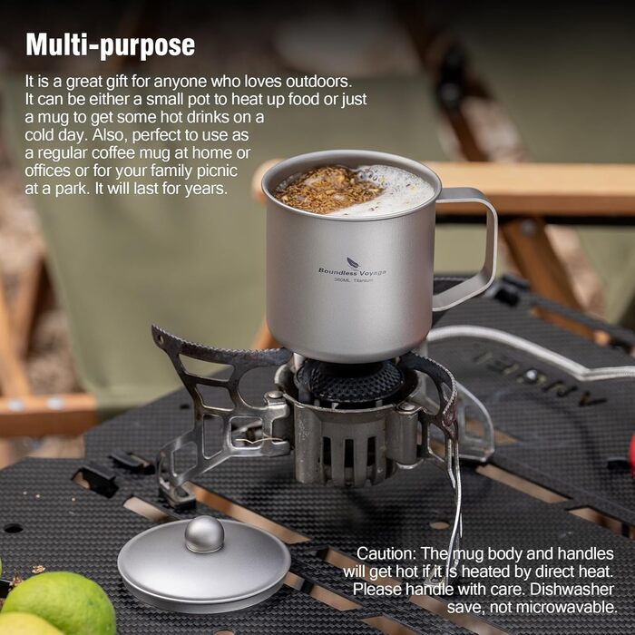 Мл титанова кемпінгова кружка з кришкою, легка дорожня чашка для кави та чаю, портативна, міцна, одношарова кружка для пиття для походів, походів з рюкзаком, пікніків, приготування їжі на свіжому повітрі Ti3023D, 360