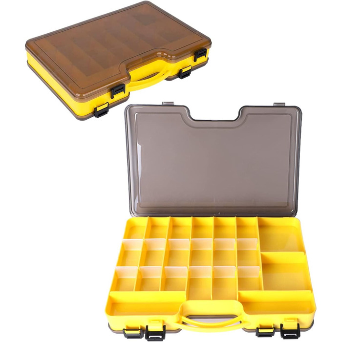 Двосторонній ящик для рибальських снастей, пластиковий ящик для рибальських снастей, ящик для зберігання рибальських аксесуарів з відділеннями, водонепроникний портативний ящик для рибальських аксесуарів для любителів риболовлі (29Д x 19Ш x 5,8В см, жовти