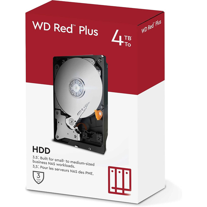 Внутрішній жорсткий диск WD Red Plus NAS 4 ТБ (3,5 дюйма, робоче навантаження 180 ТБ/рік, 5400 об/хв, кеш-пам&39ять 256 МБ, прошивка NASware для сумісності, 8 відсіків) Red 4 ТБ Red Plus