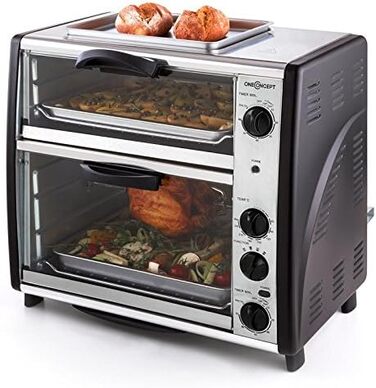 Подвійна духова шафа oneConcept All-You-Can-Eat - електрична духовка, дві окремі камери для випічки, загальний об'єм 42 літри, пластина для гриля, 2400 Вт, регульована температура 60-240C, нержавіюча сталь, срібло